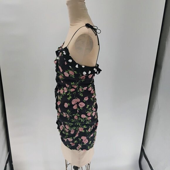 for love and lemons mochi shirred mini dress in black floral polka print - Picture 7 of 13